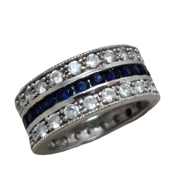 Dazzling Three Row Sterling Silver Band Ring 💍with CZ and Sapphires - Picture 1 of 15